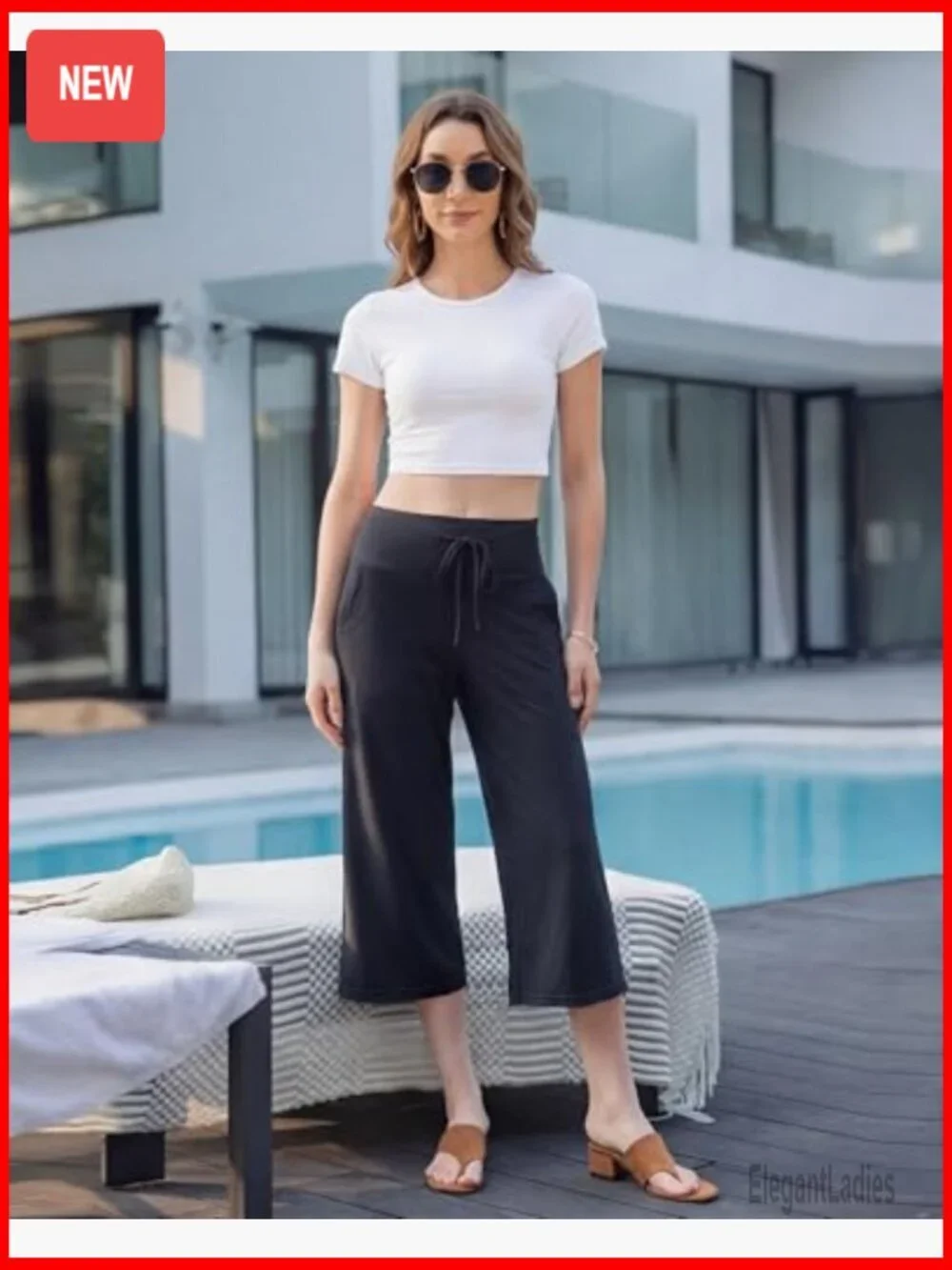 High Waisted Wide Leg Capri Pants with Pockets Casual Drawstring Summer